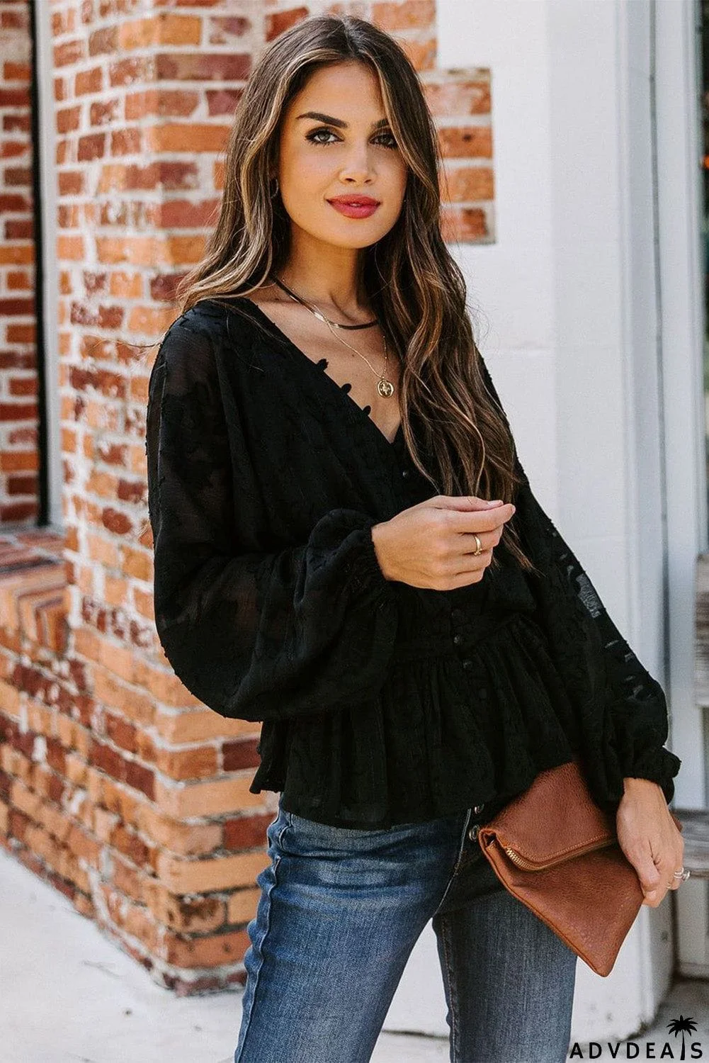 Shimmer Printed V Neck Ruffled Long Sleeve Top