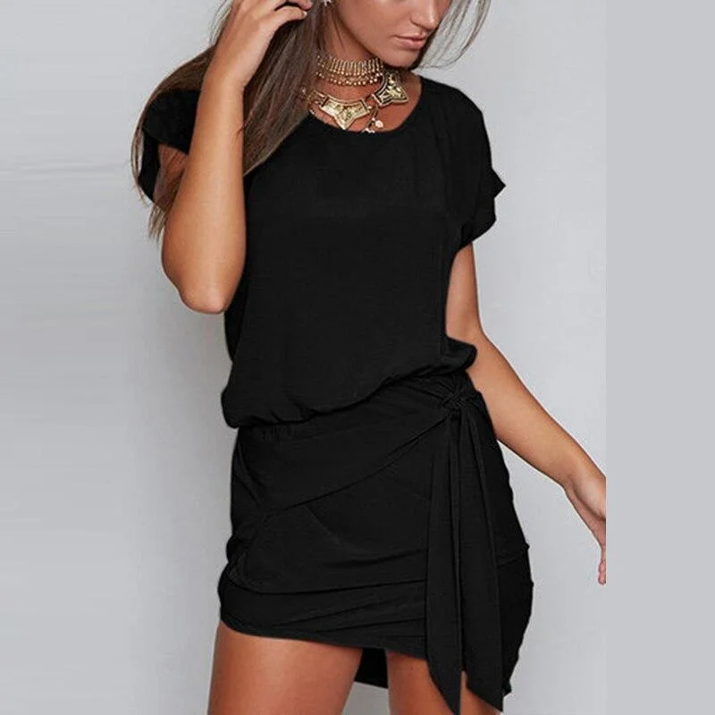 Women Short Sleeve Lace Up Casual Irregular O Neck Dresses