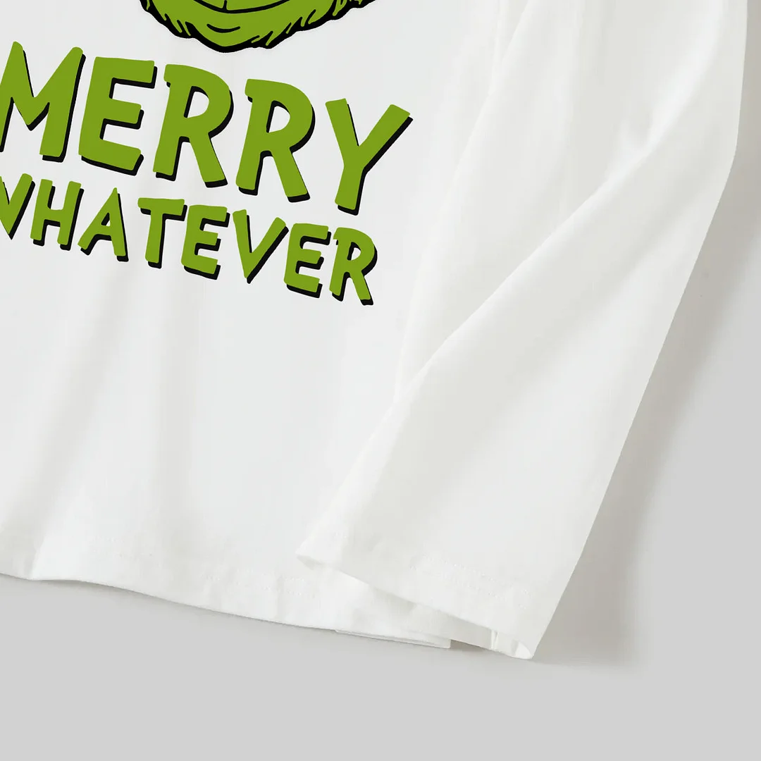 Wear Santa Hat Green Elf Cartoon Pattern "Merry Christmas" Lettering Prints Contrast White Long Sleeve with Red&Black Plaid Pants Family Matching Pajamas