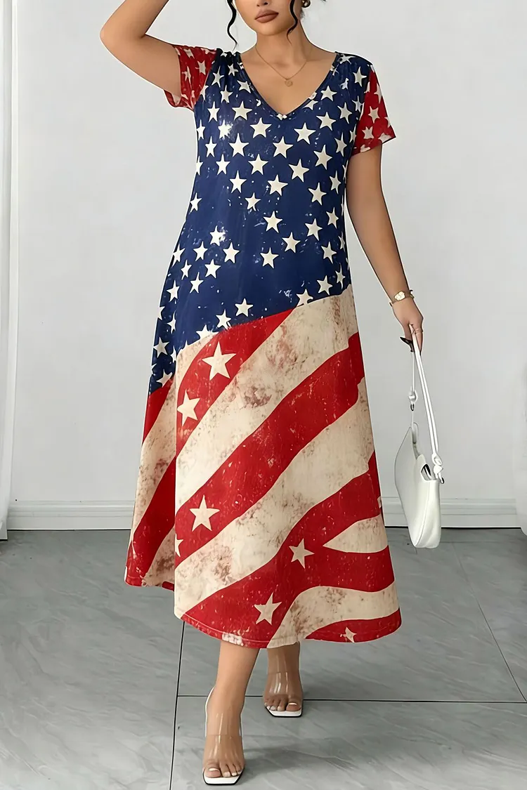 Plus Size Casual Blue American Flag Graphic All Over Print Midi Dress 2024 - Xpluswear