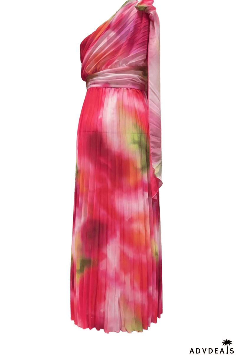 Fashion Patchwork Tie-dye One Shoulder Waist Skirt Dresses