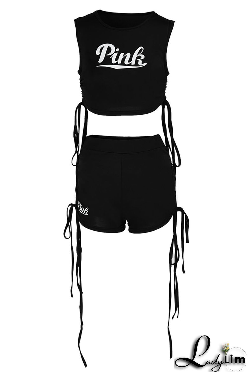 Black Sexy Sportswear Print Patchwork Frenulum O Neck Sleeveless Two Pieces