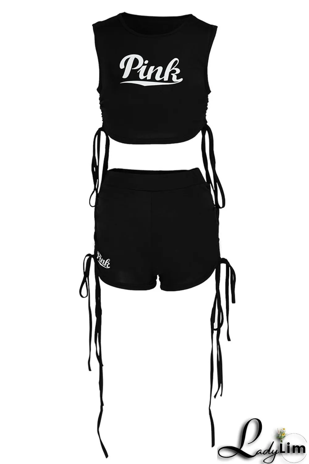 Black Sexy Sportswear Print Patchwork Frenulum O Neck Sleeveless Two Pieces
