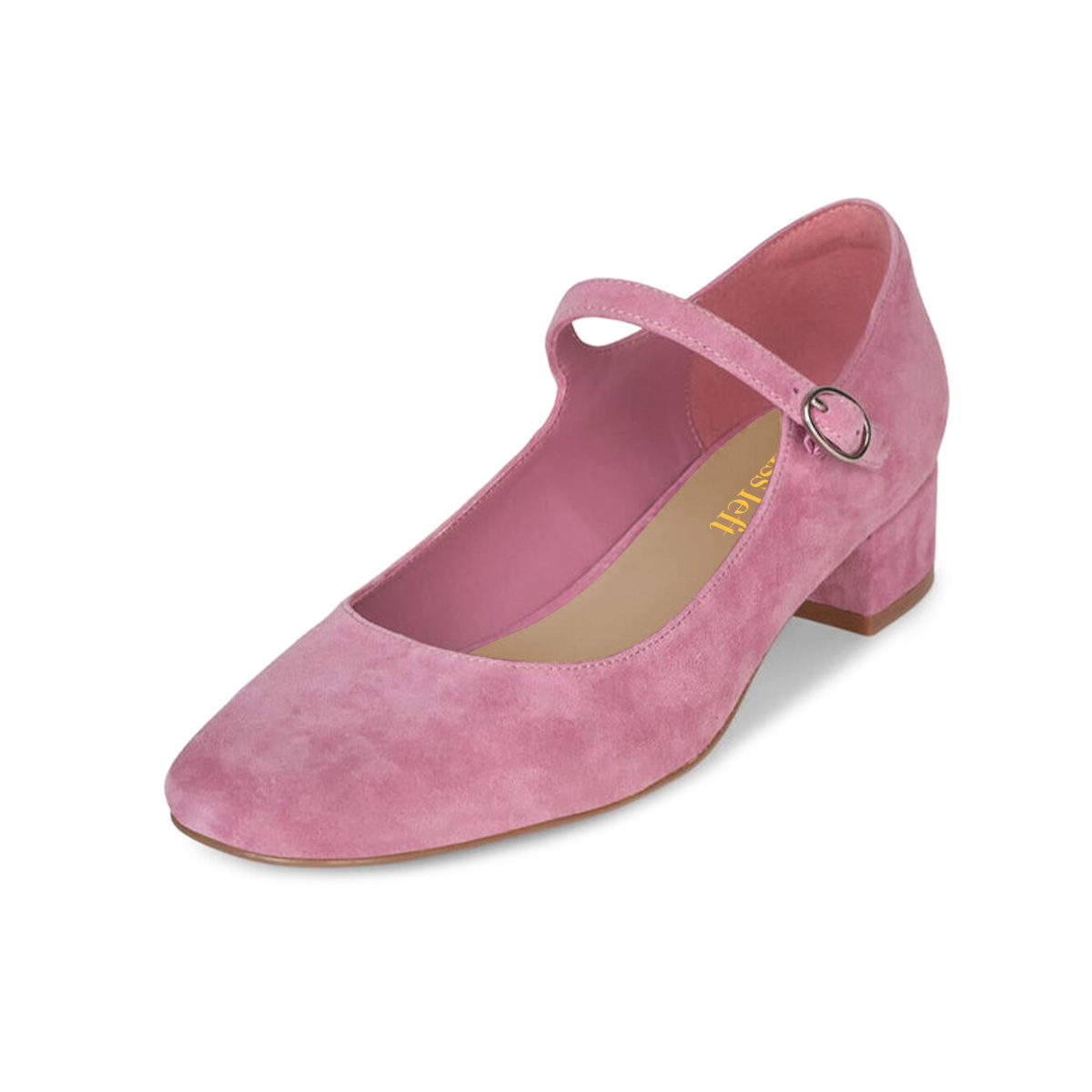 Pink Vegan Suede Round Toe Block Heel Buckle Strap Pumps for Women Nicepairs