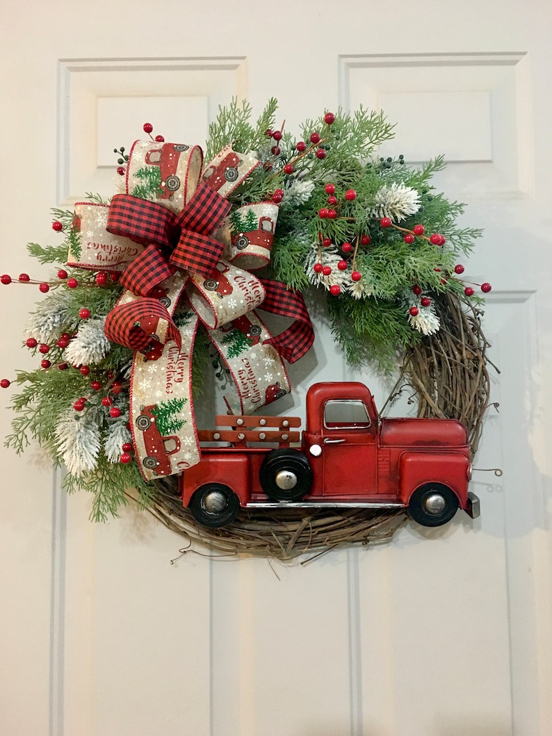 Red Truck Christmas Wreath Christmas Wreath Farmhouse Red image 0