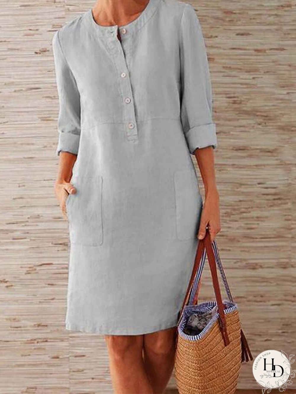 Solid Color Stand Collar Long Sleeve Buttoned Dress