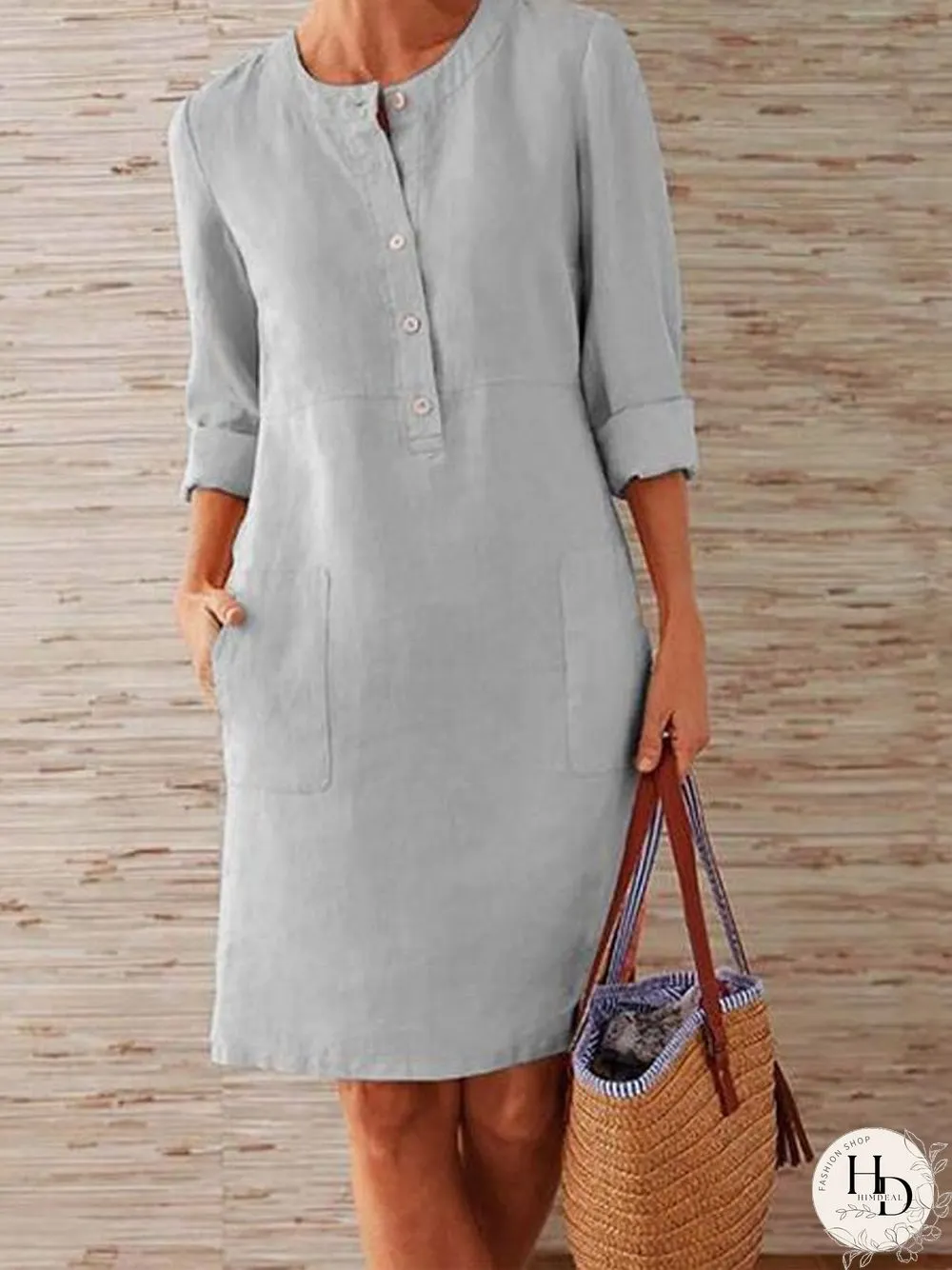 Solid Color Stand Collar Long Sleeve Buttoned Dress