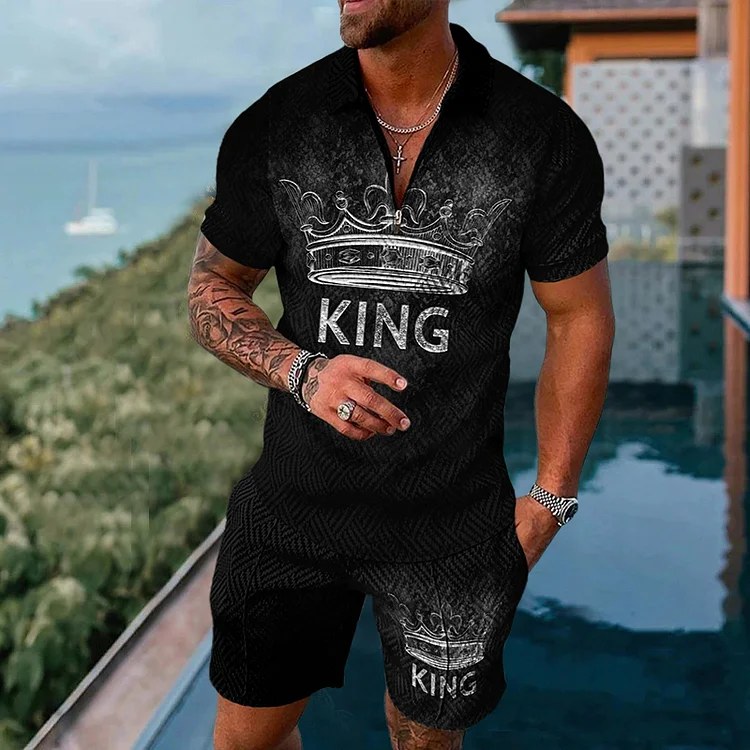 Men's casual black KING print Polo suit