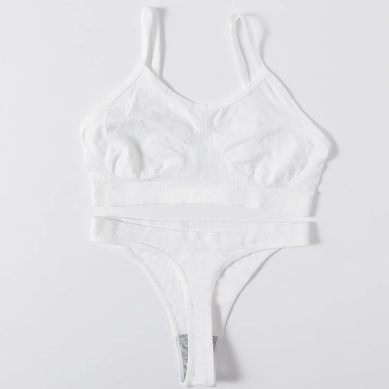 Women Seamless Bra Set Female Underwear Set Low Waist Thong Panties Comfort Bra Bralette Sexy Lingerie Brassiere Ribbed Top Suit