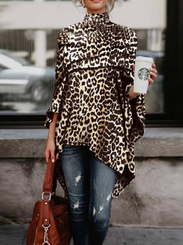 Casual High-Low Asymmetric Leopard High-Neck T-Shirts Tops