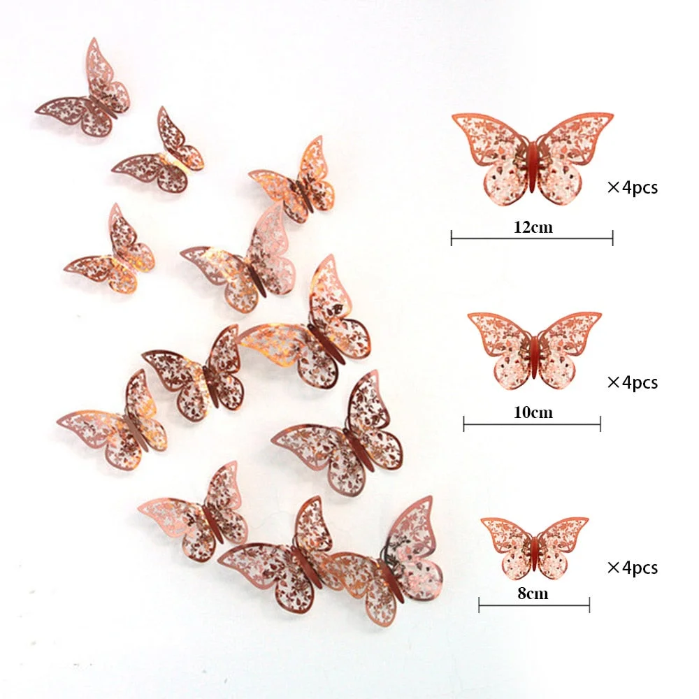 12pcs/set 3D Wall Stickers Gold Hollow Butterfly For Kids Rooms Home Wall Decor Fridge Stickers Decoration Butterfly Stickers