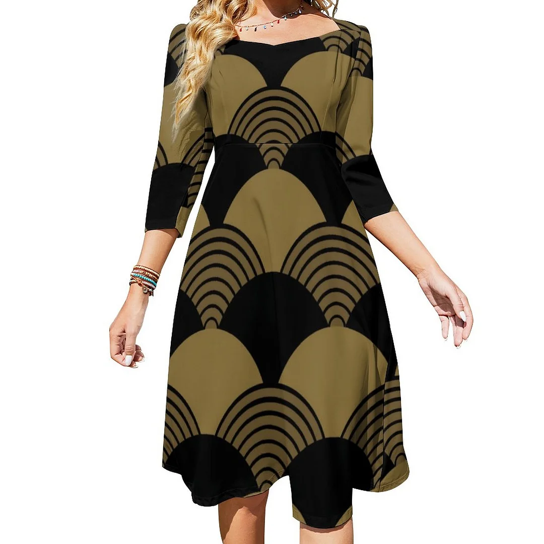 Gold And Black Seigaiha Japanese Waves Pattern Dress Sweetheart Tie Back Flared 3/4 Sleeve Midi Dresses