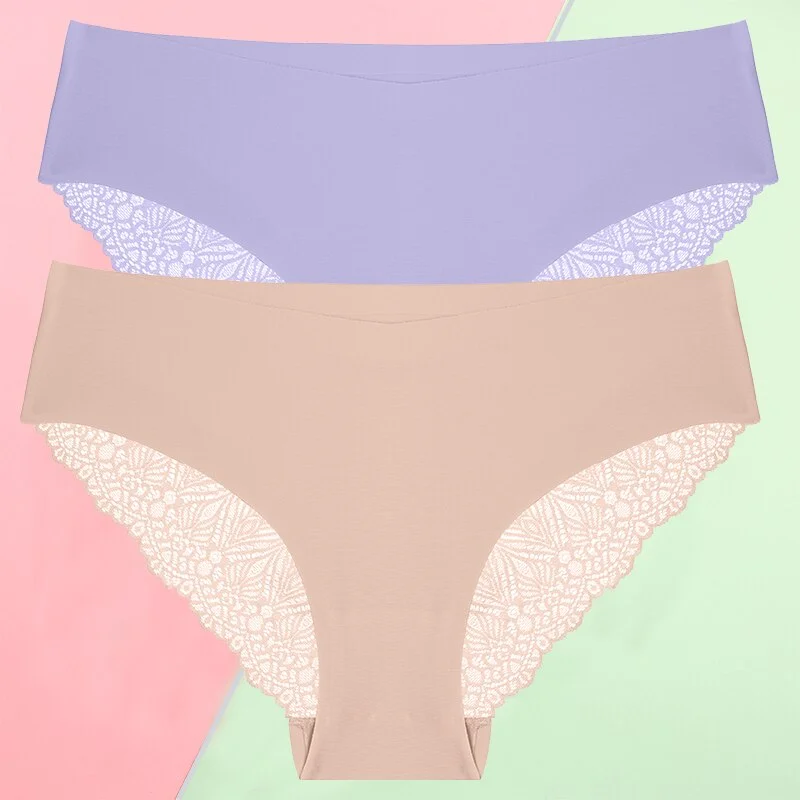 FINETOO 2PCS/Set S-XL Sexy Women Seamless Lace Pantys 6 Solid Colors Breathable Panties Lace Underwear For Girls Thong Lingerie