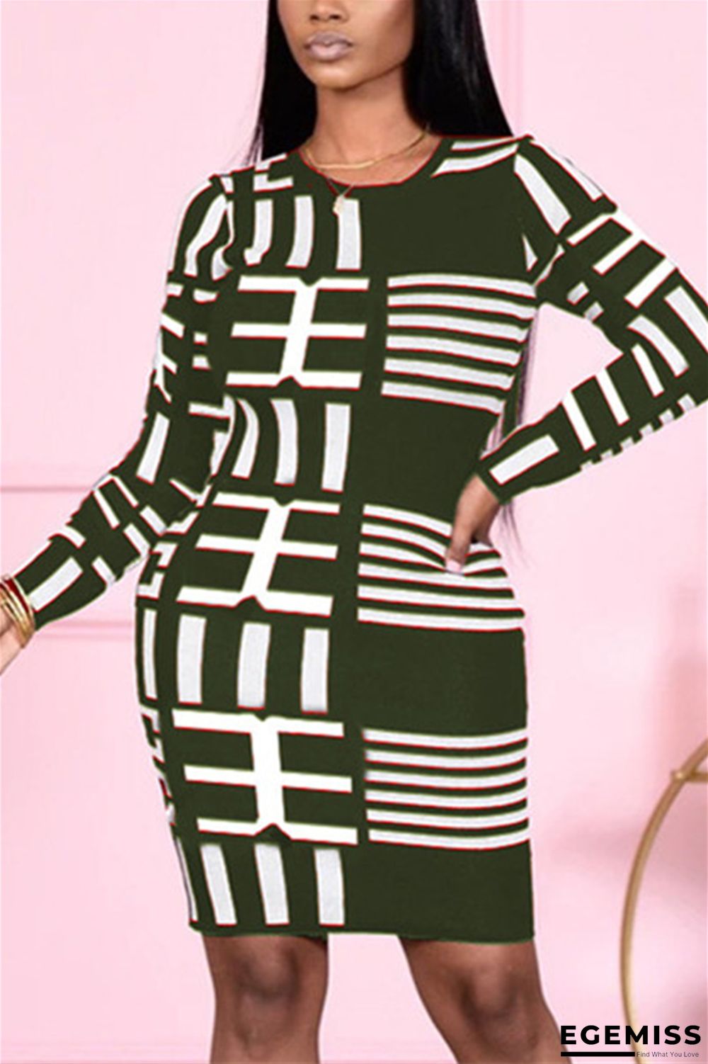 Armory Green Fashion Casual Regular Sleeve Long Neck Printed Dress Knee Length Print | EGEMISS