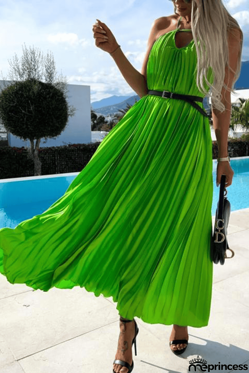 Pleated Halter Neck Backless Maxi Dress