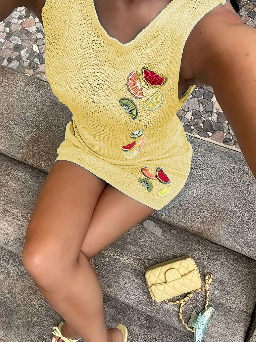 Athvotar Athvotar Summer Sweater Women's Fashion Knitted Fruit Embroidery Slings Short Dress