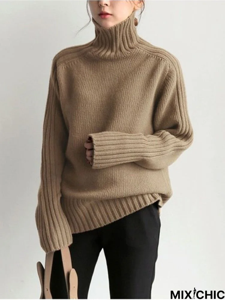 Fashionkova 2022 Autumn Winter Women  Fashion Tops New Long Sleeve High Collar Knitted Sweater Loose Temperament Solid Color Female Pulovers