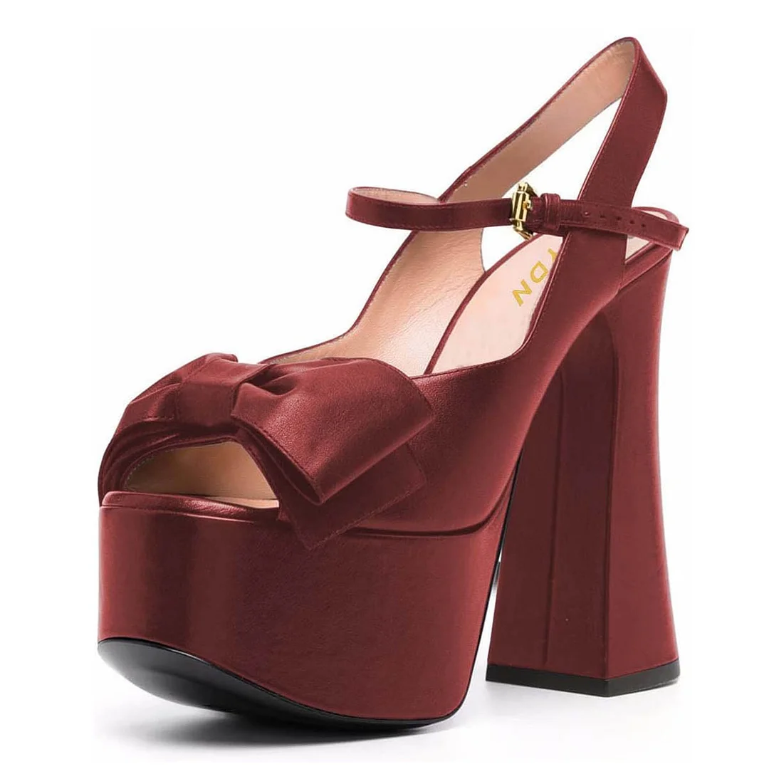 Maroon Vegan Leather Peep Toe Platform Slingback Heels with Bow Accent