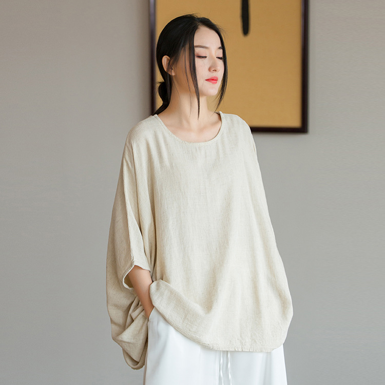 Women Vintage O-Neck Bat Sleeve Linen Solid Loose Tops