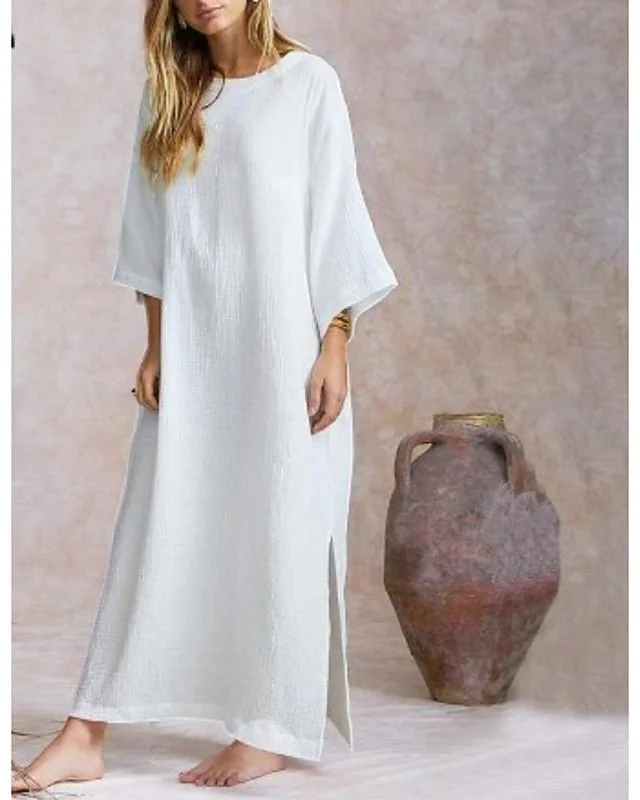 Women's Loose Maxi long Dress 3/4 Length Sleeve Solid Color Split Spring Summer Hot Cotton White Black Khaki S M L XL XXL 3XL 4XL