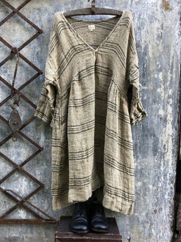 Casual Linen V-Neck 3/4 Sleeve Striped Plus Size Bat Sleeve Tops Tunics Zaesvini