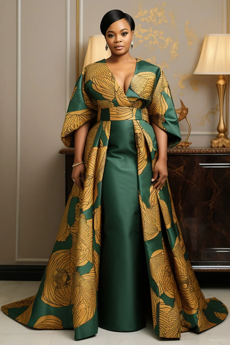 Xpluswear Design Plus Size Formal Green African Ankara Wrap Neck 3/4 Sleeve Peplum Satin Maxi Dresses