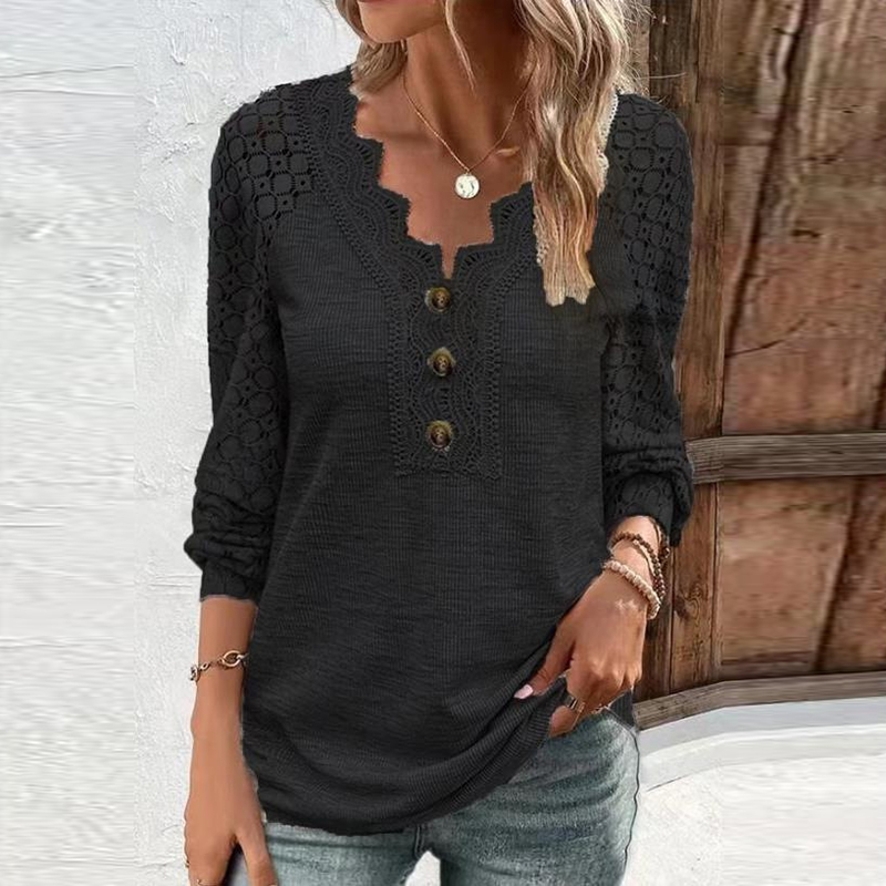 Women Solid V Neck Lace Patchwork Button Long Sleeve Casual Loose T Shirts