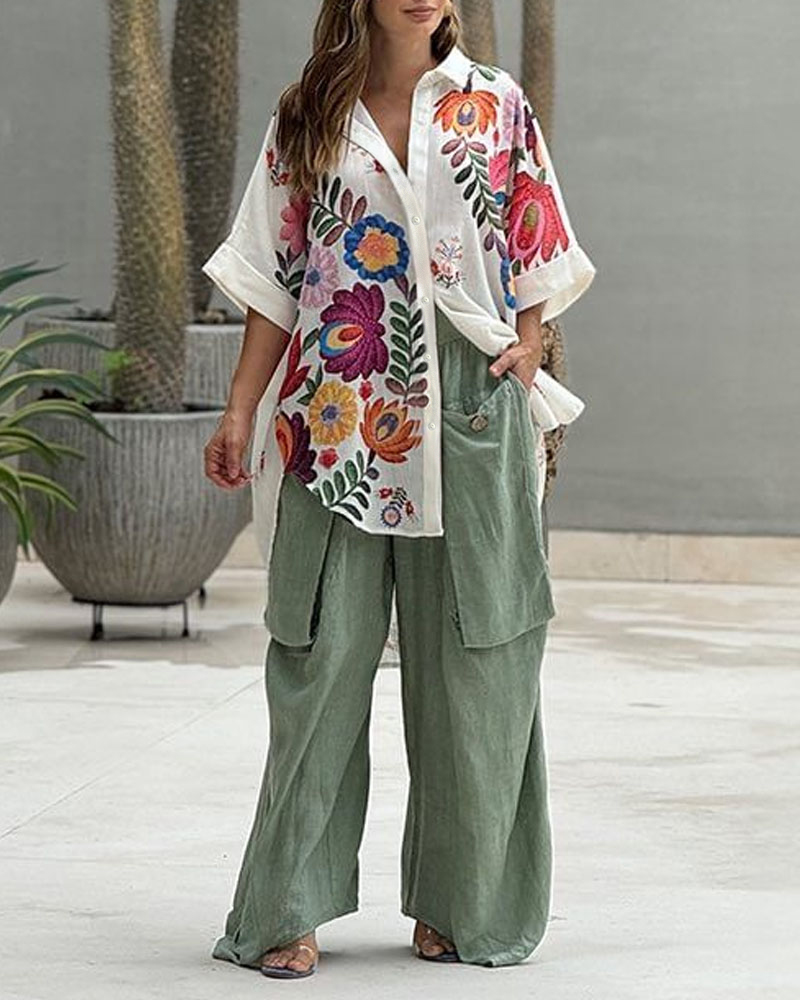 Rotimia Casual Printed Shirt & Pocket Pants Two-Piece Set