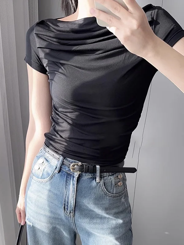 Solid Color Pleated Skinny Short Sleeves Boat Neck T-Shirts Tops