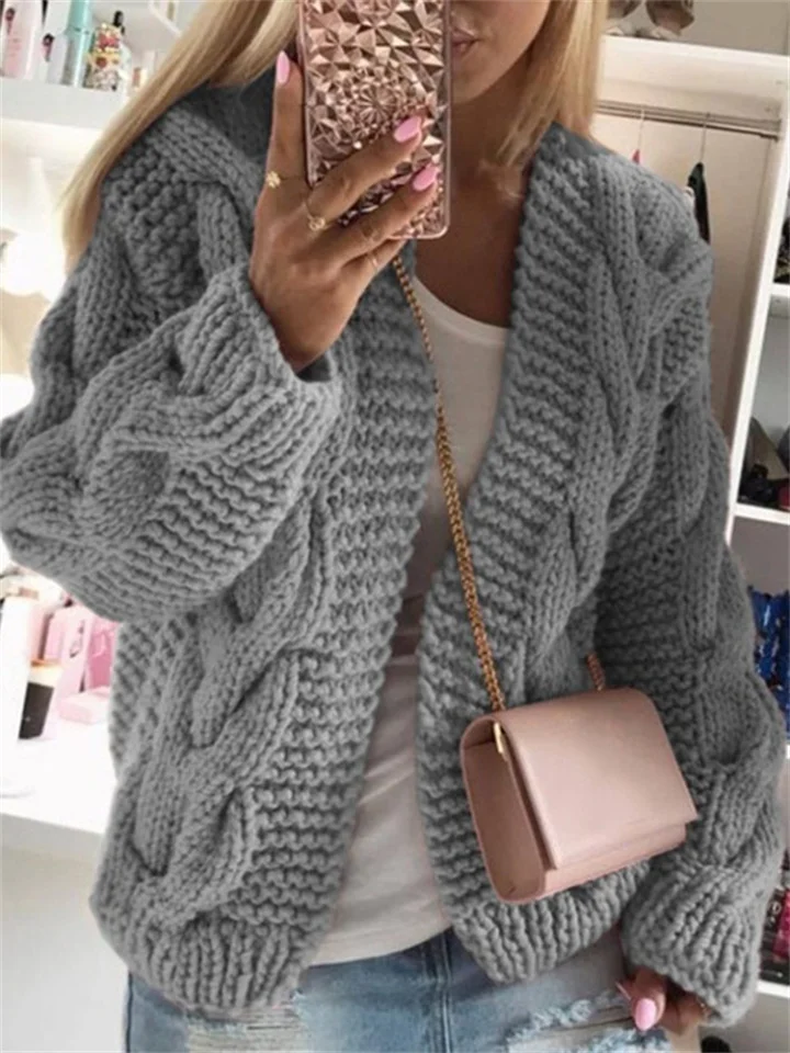 Women's Cardigan Knitted Solid Color Basic Casual Chunky Long Sleeve Loose Sweater Cardigans Hooded Open Front Fall Winter Wine Dusty Rose Gray-Cosfine