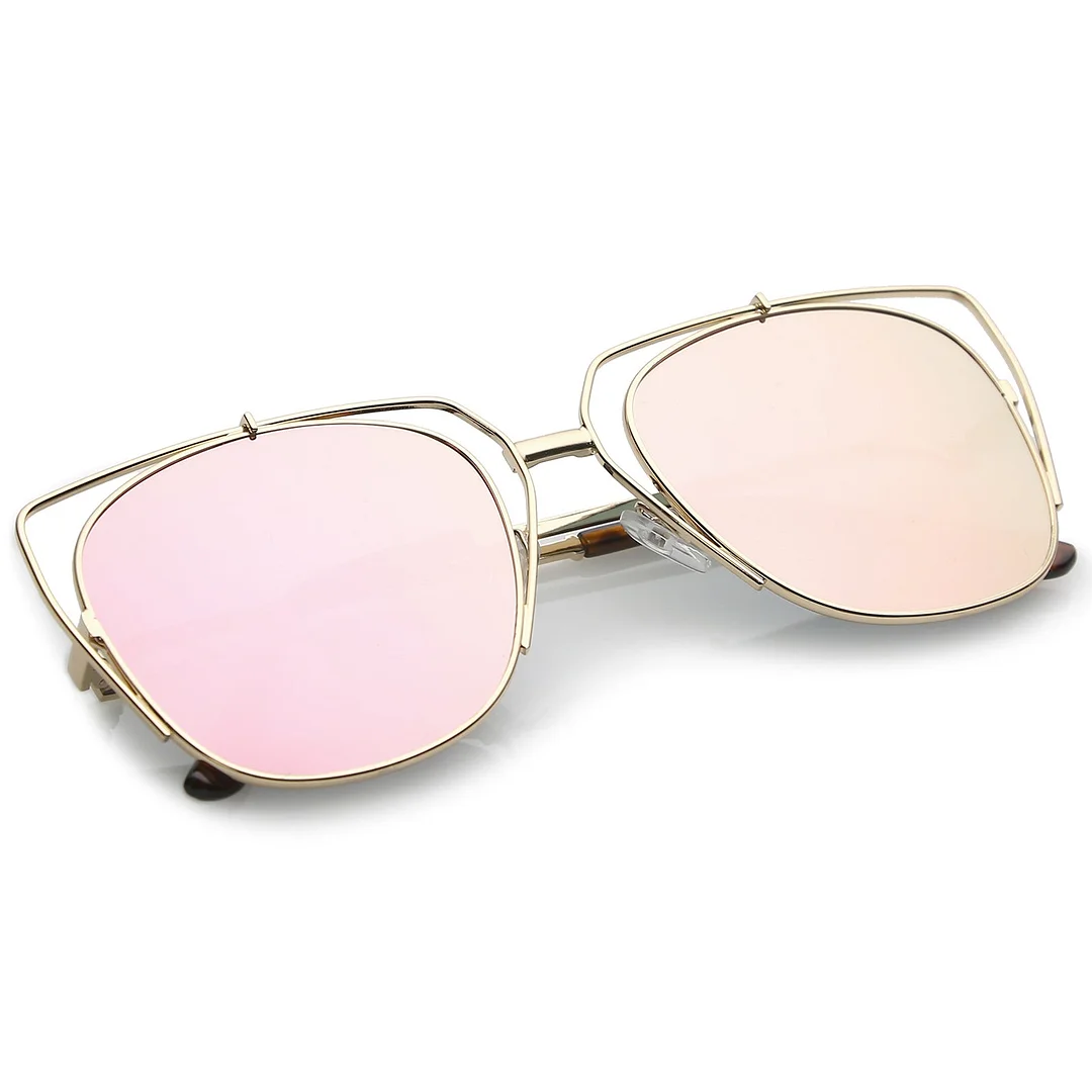 Women's Open Metal Cat Eye glasses With Mirrored Flat Lens And Slim Arms 55mm