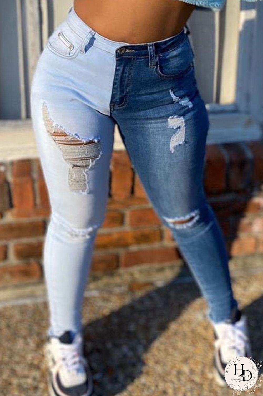 The cowboy blue Casual Color Lump Patchwork Solid Ripped Make Old Pocket Mid Waist Skinny Denim