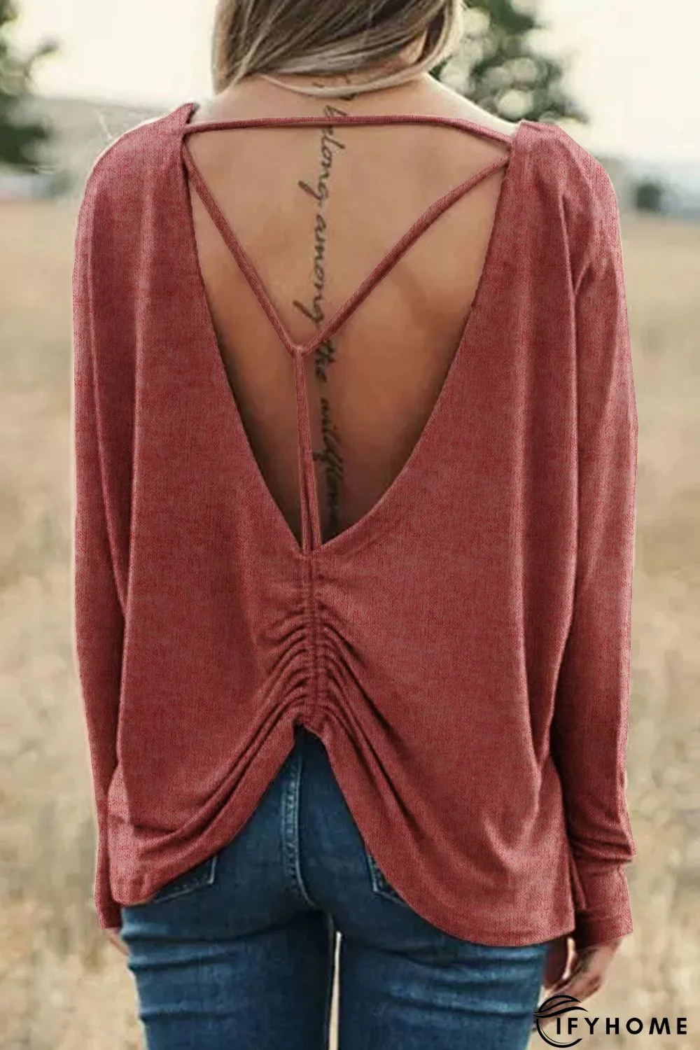 Pink Hollow-out Ruched Back Long Sleeve Top | IFYHOME