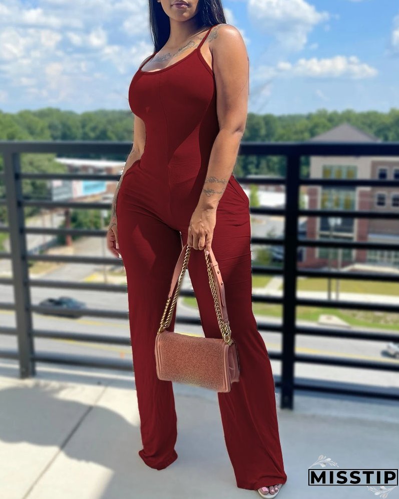 Printed Solid Color Straps Jumpsuit
