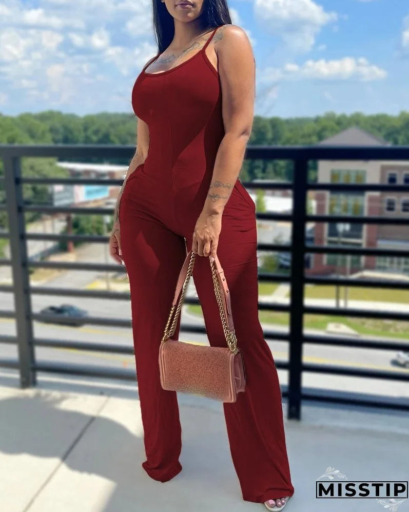 Printed Solid Color Straps Jumpsuit