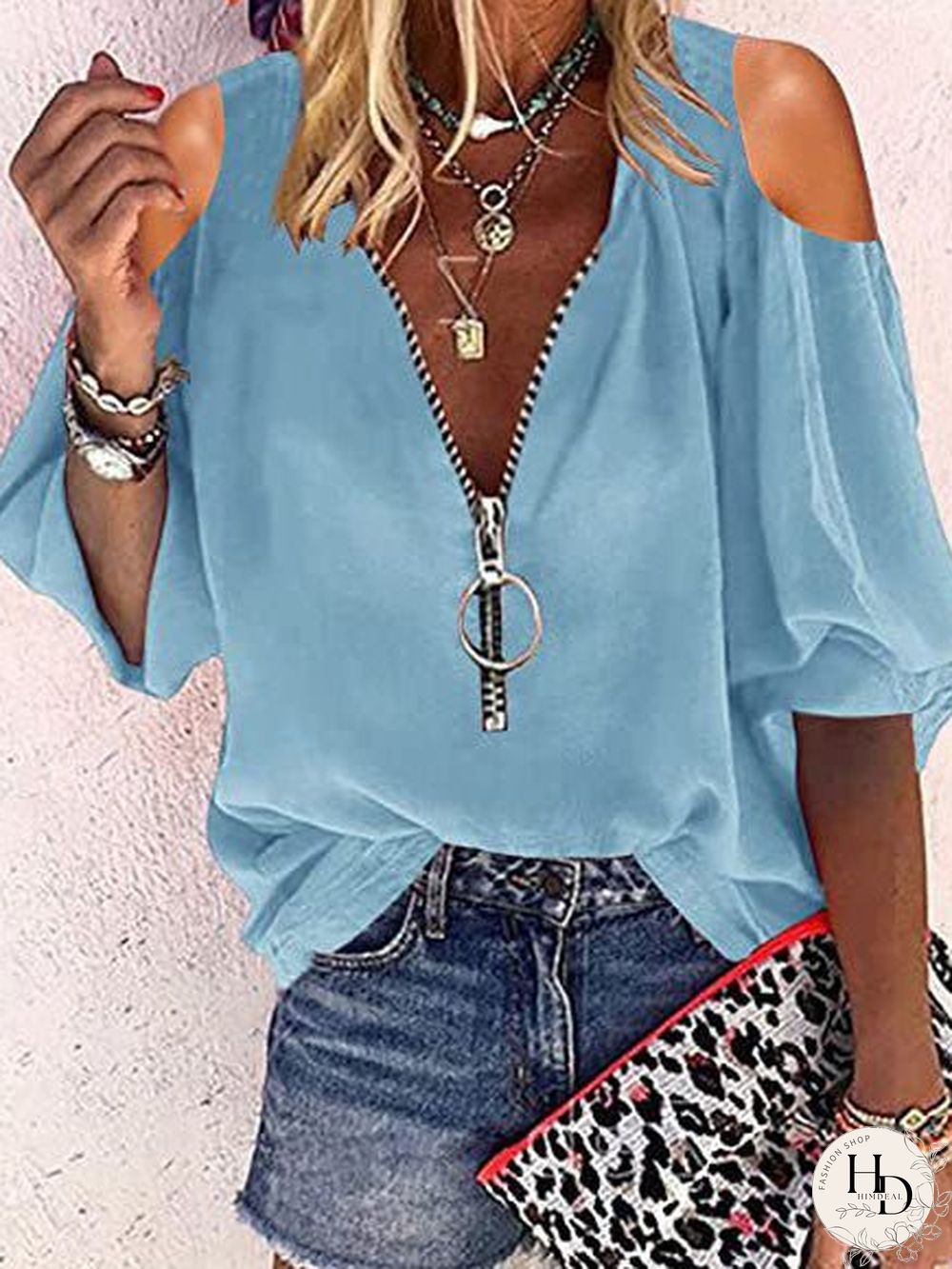 Women'S Blouses V-Neck Zip Off-Shoulder Long Sleeve Blouse