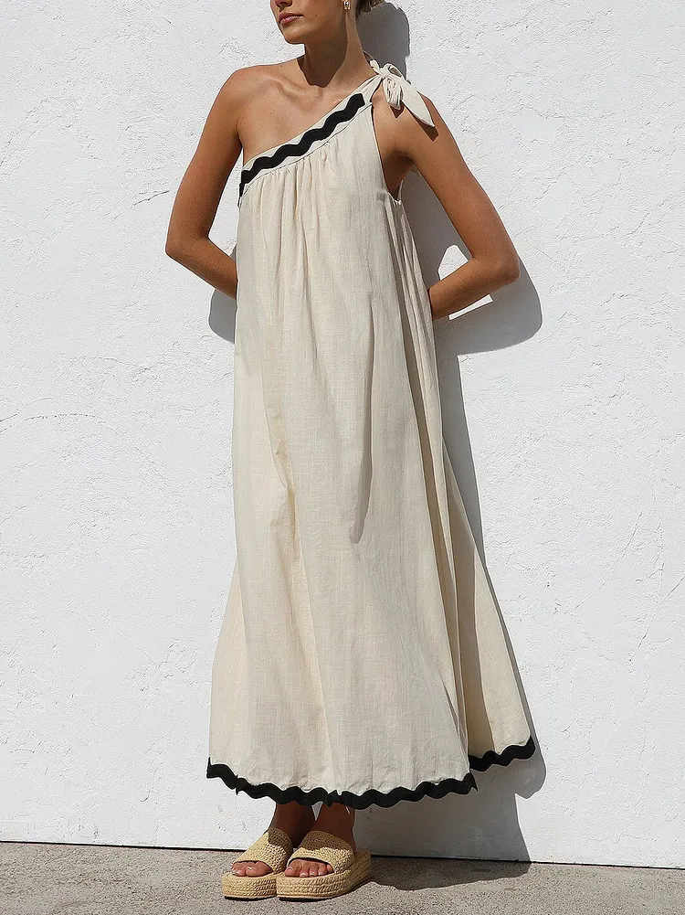 Classic Contrast Lace One-shoulder Spaghetti Strap Midi Dress