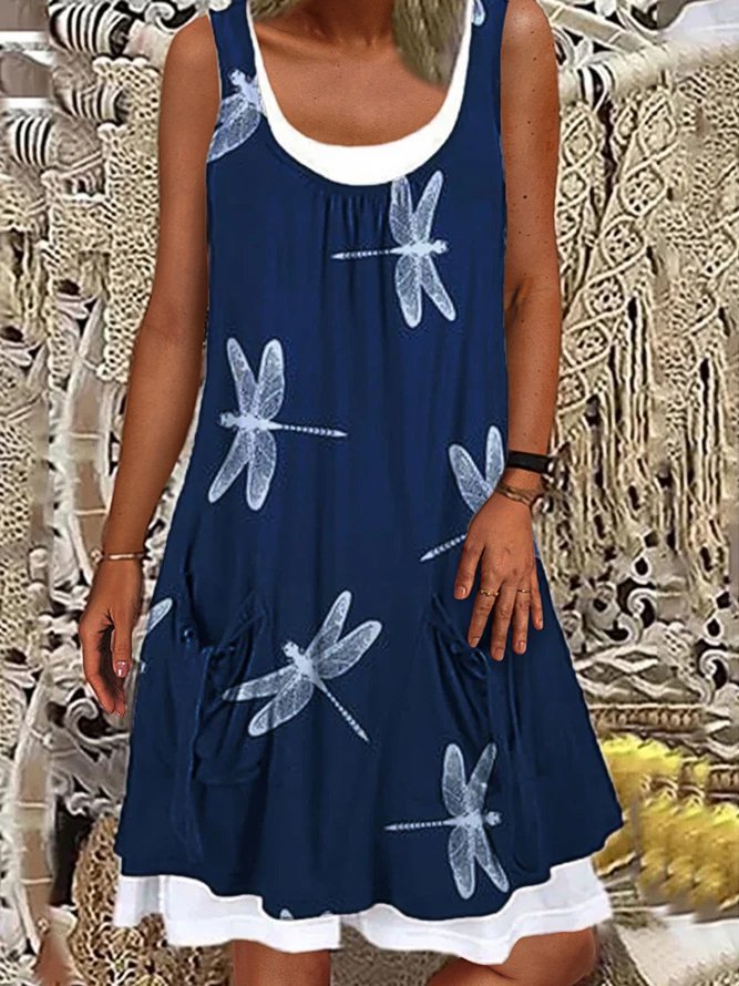 Dragonfly Print Crew Neck Sleeveless Dress