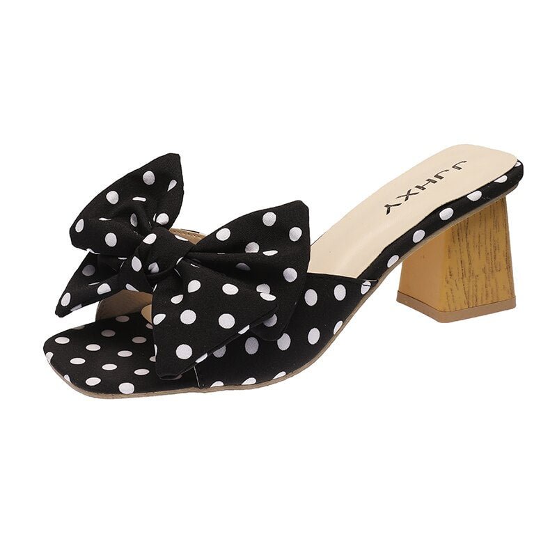 Sweet Slippers High Heels Women Polka Dot Bow Slides 2020 Casual Square Outddor Slippers Sandal Female Ladies Outside Wave Point