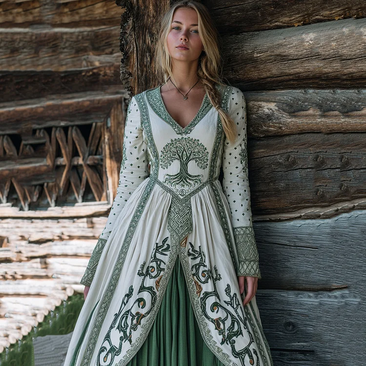 Women's Vintage Viking Tree Of Life And Runes Design Cotton And Linen V-neck Dress