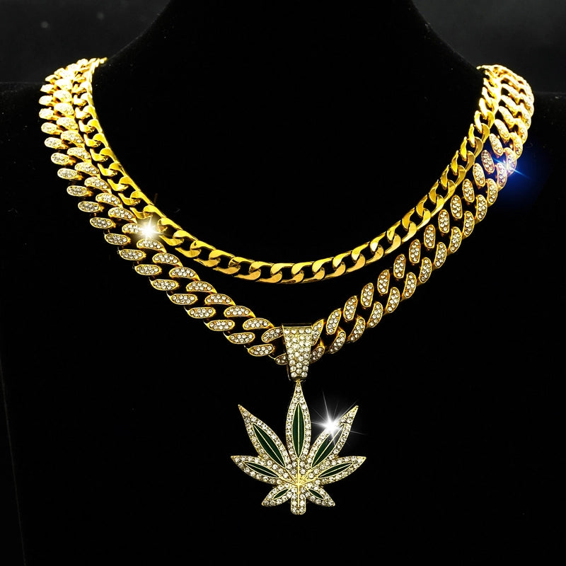 Hot Sale Fashion Hip Hop Long Twin Maple Leaf Necklace Men And Women Street Personality Diamond Stud Cuban Link Chain