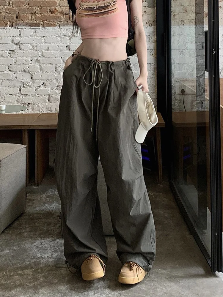 Women Cargo Pants Summer Retro Solid Loose Drawstring Trousers Casual Joggers Baggy Oversize Sweatpants Mid Waist Y2k Clothes