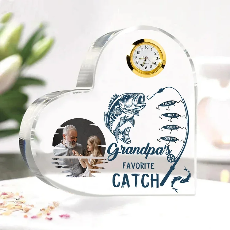 4 Names-Personalized Grandpa Name Acrylic Clock Ornament-Custom Acrylic Fishing Heart Keepsake Desktop for Family