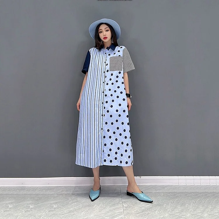 Casual Loose Turn-down Collar Asymmetrical Striped Dot Splicing Short Sleeve Dress        