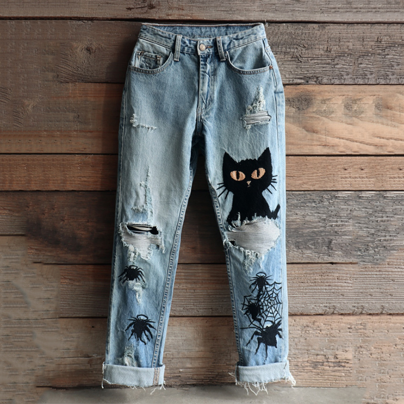 Women's Halloween Black Cats And Spiders Embroidery Vintage Washed Jeans elevenforest