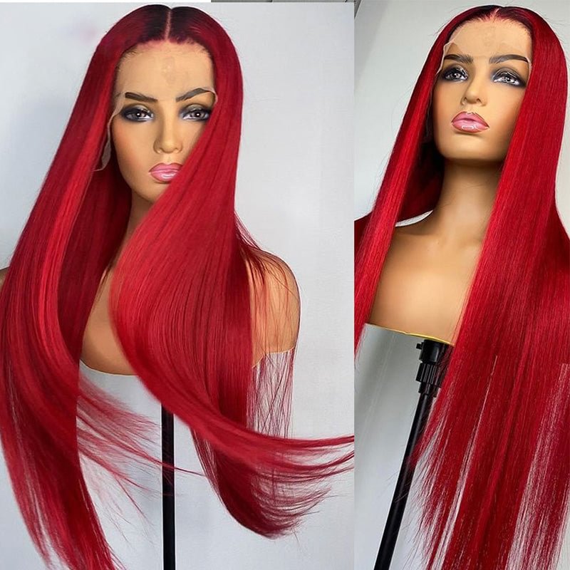 Red T Part / 134 Transparent Lace Wigs Straight Human Hair Wigs Pre Plucked With Baby Hair