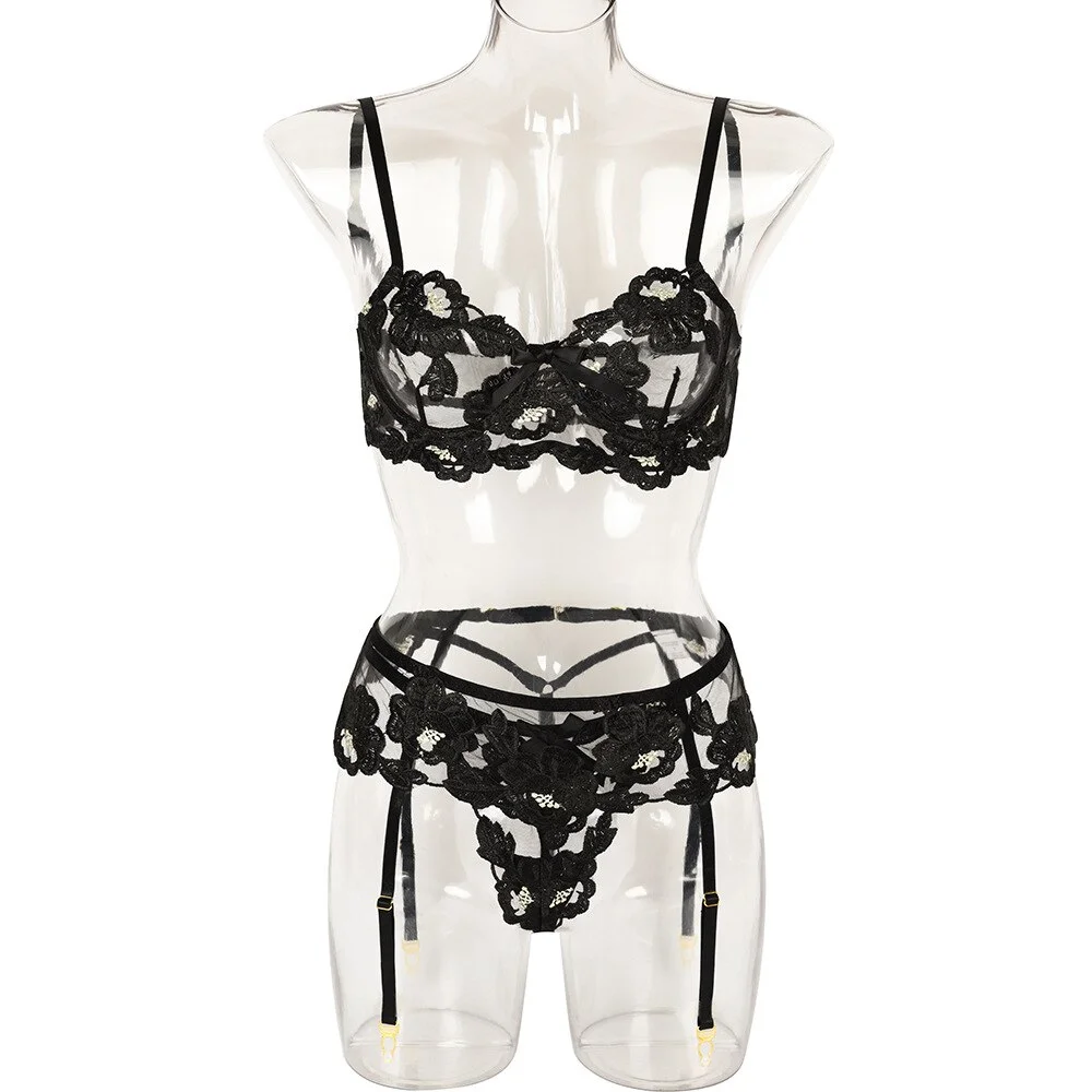 Billionm Sensual Lingerie Embroidery 3 Pcs Lace Female Fancy Underwear Bloom Underwire Bra Suspender Belt Thong Erotic Sets