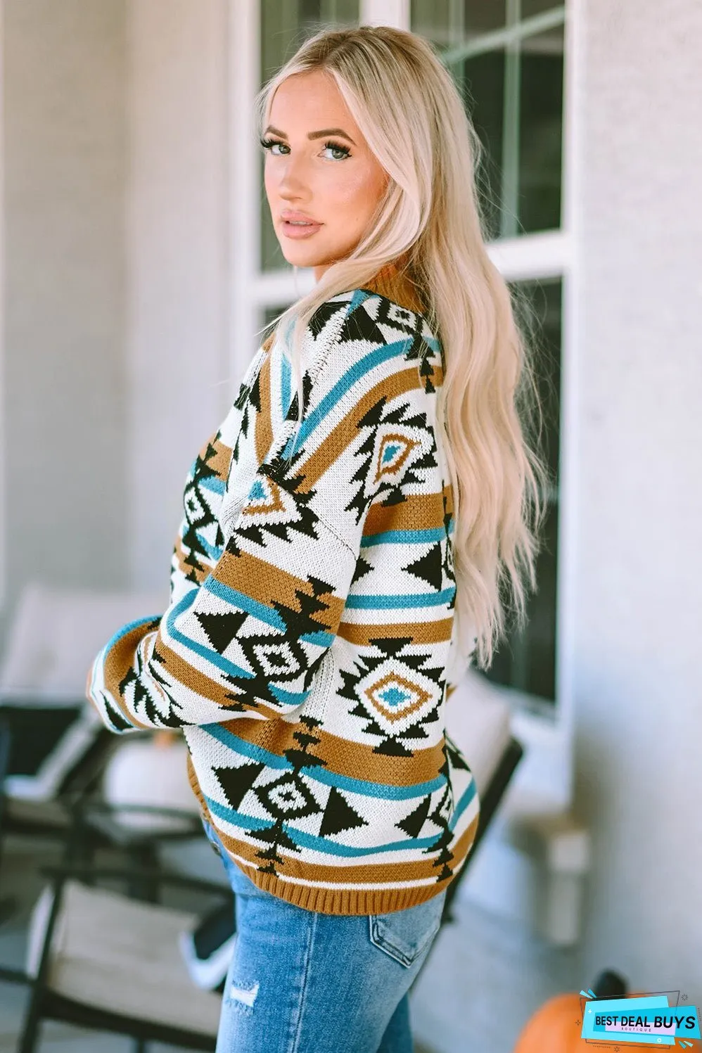 Aztec Striped Knit Ribbed Trim Sweater