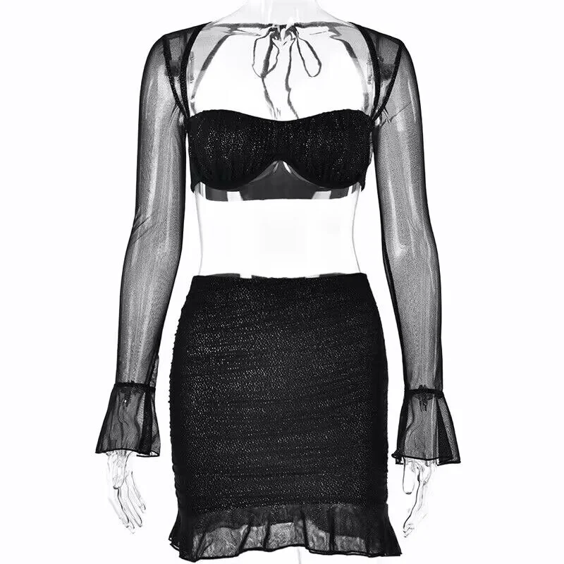 Women  Sequined Mesh 2 Piece Sets Strapless Long Flare Sleeve Lace Up Backless Pleated Crop Top Ruffles Mini Skirts Suits