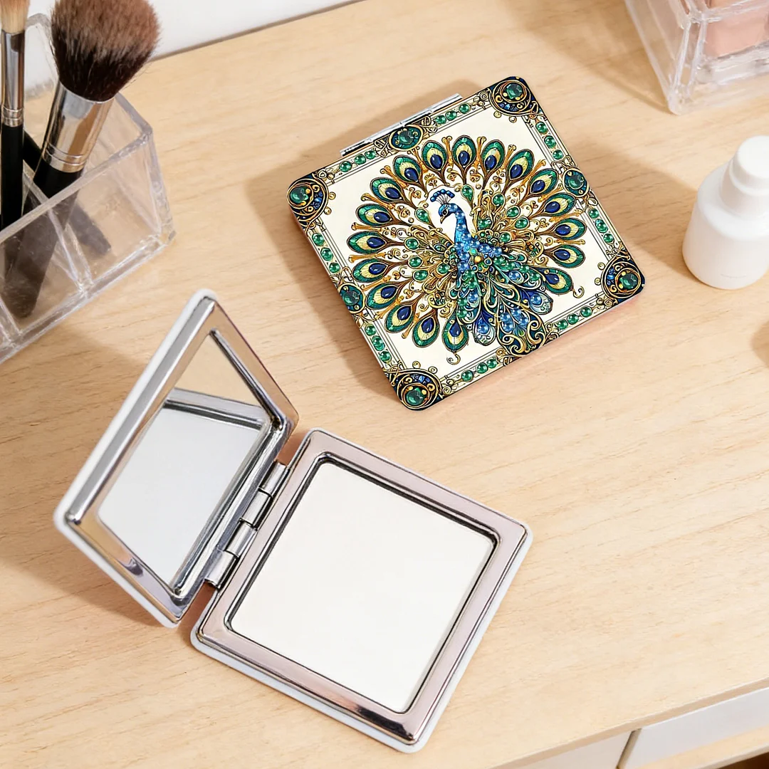 Green Peacock DIY Special Shaped Diamond Painting Compact Mirror Kits Diamond Art Painting Pocket Mirror for Adults and Beginners